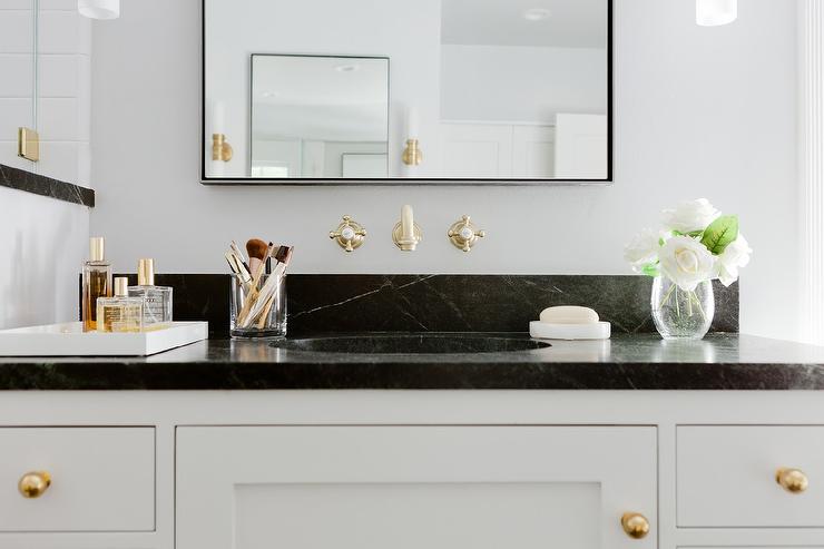 White Washstand Gold Knobs Soapstone Countertop Interior Impressions