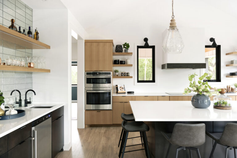 Project Reveal Modern Hilltop   Interior Impressions Hastings MN Modern Hilltop Kitchen Built In Bar With Sink Black Island Glass Pendants Open Shelving 768x512 